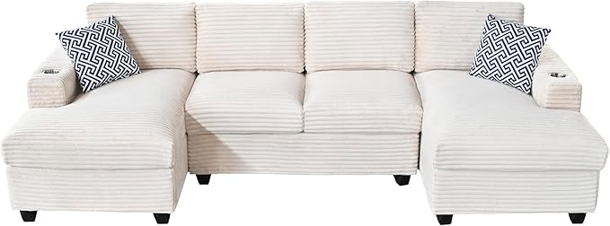 124-Inch Symmetrical Sectional Couch Corduroy Cloud Cushion Upholstered Sofas, U- Shaped Modular Sectional Sofa with Cup Holders and 2 Chaise Lounges for Living Room