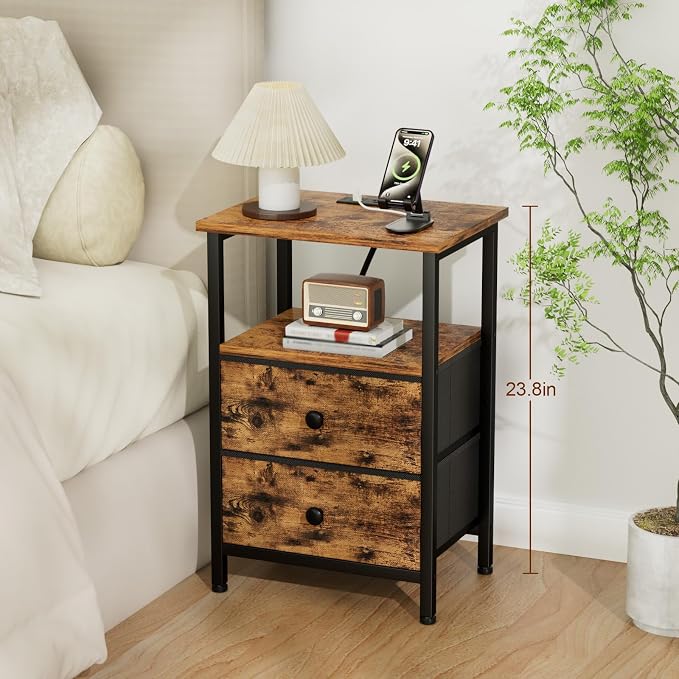 LOAKEKEL Night Stand with Charging Station, Small Bedside Table with 2 Fabric Drawers, Nightstand with USB Ports & Outlets for Bedroom, Brown, HETS020BR-1 - Image 7