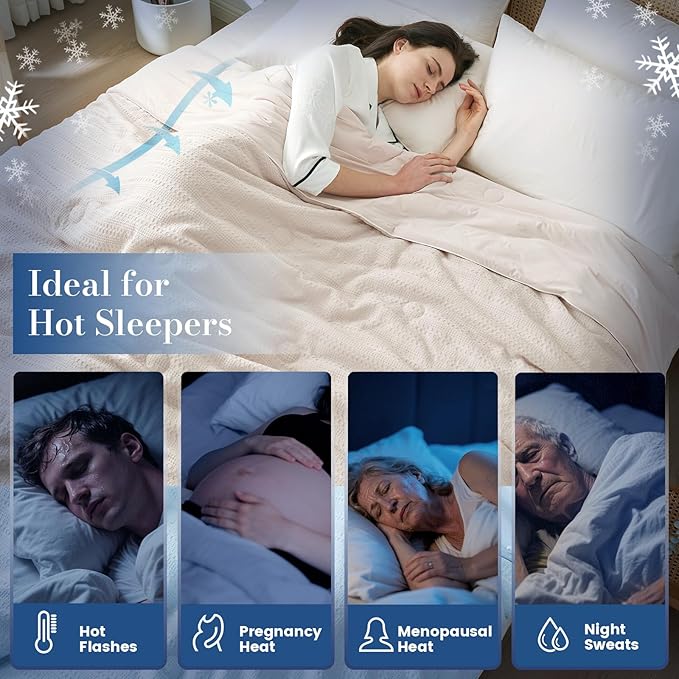 Amélie Home Waffle Cooling Comforter Twin Size, Q-Max 0.45 Reversible Lightweight Cooling Blanket for Hot Sleepers, Breathable Bedding for Night Sweats, 68"x90", Beige