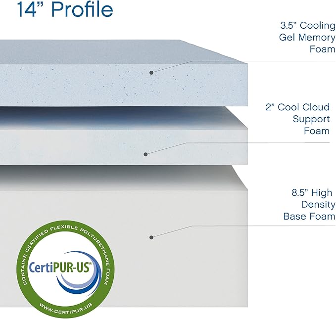 COOL GEL 10 Inch California King Memory Foam Mattress Medium Firm, King Size Memory Foam Mattress Cooling, Made in the USA, 10" Depth with Pressure Relief, CertiPUR-US Certified, CoolGel Bed
