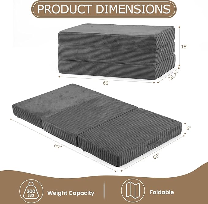 6-Inch Tri-Folding Mattress Queen Size - Foldable Futon Sofa Bed with Removable Washable Cover, Folding Futon Mattress | Non-Slip Bottom & Carry Handles for Guest, Camping, Dorm