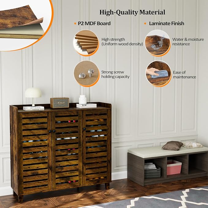 VINGLI Large Shoe Cabinet with 3 Doors 6-Tier Ultra Wide Shoe Cabinet Storage for Entryway 30 Pairs Tall Shoe Organizer Cabinet Wooden Farmhouse Shoe Rack Cabinet Rustic Brown - Image 7