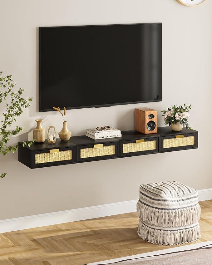 Aienvey Floating Nightstand, Floating Shelf with Drawer, Wall Mounted Nightstand, Floating Bedside Table (Black Rattan) - Image 9