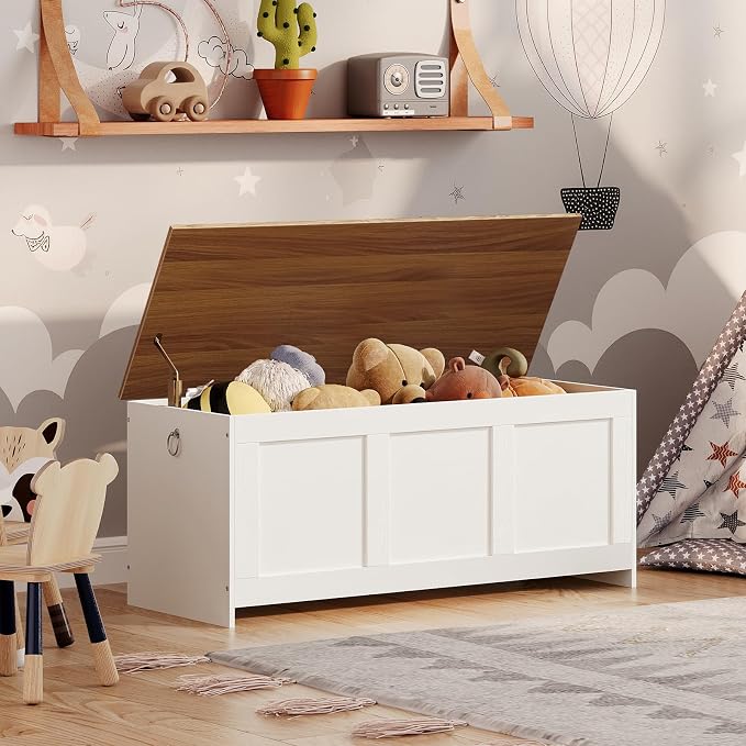 HOOBRO Storage Bench, 47.2" Retro Wooden Storage Chest, Wooden Storage Trunk, Toy Chest with Lift Top, Multifunctional Entryway Organizer, for Entryway, Living Room, White and Walnut WH412CW01 - Image 6