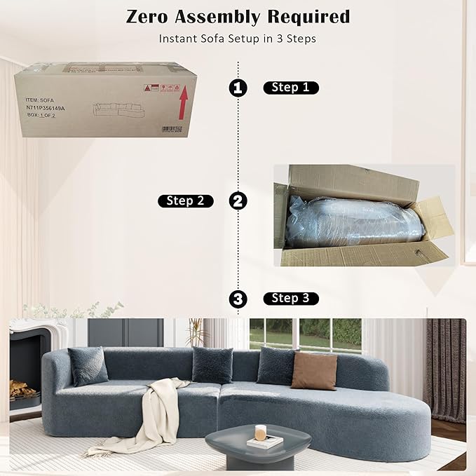 Merax Modern Minimalist Large 2-Piece Sectional Curved Chenille Sofa with 3 Pillows and High-Density Foam for Luxurious Comfort and Seamless, for Living Room, Bedroom, Blue