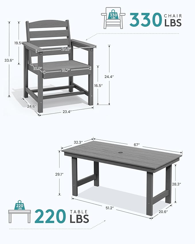 SERWALL 67" Outdoor Dining Table - HDPE All-Weather Rectangular Patio Table with Umbrella Hole, Gray - Image 3