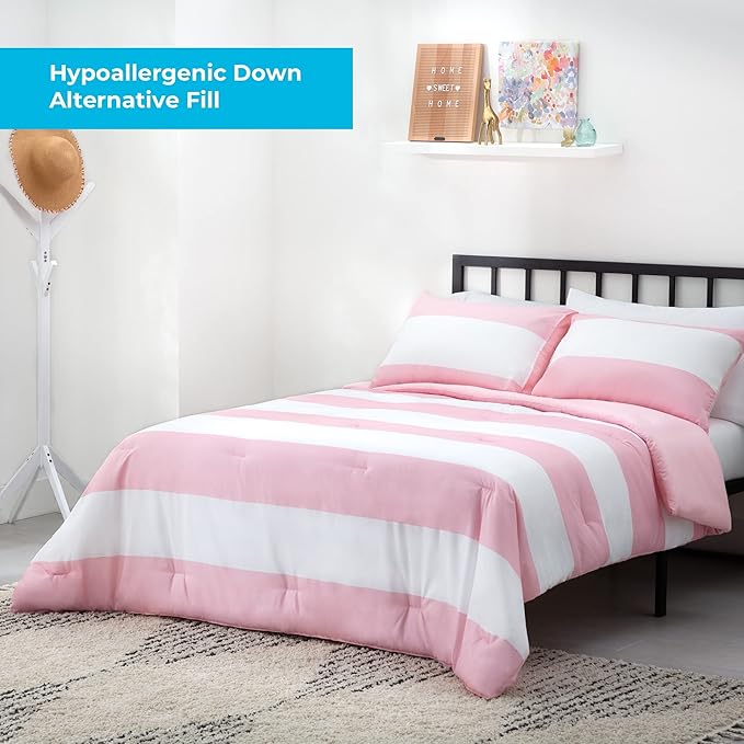 LINENSPA All Season Hypoallergenic Down Alternative Microfiber Comforter, Queen, Pink/White