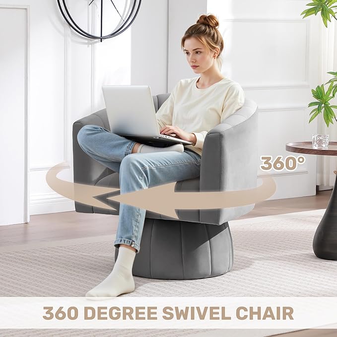 Swivel Accent Barrel Chair, Cute Comfy Small Round 360° Arm Chair. Velvet Sofa Club Reading Chair for Living Room Bedroom Office Grey