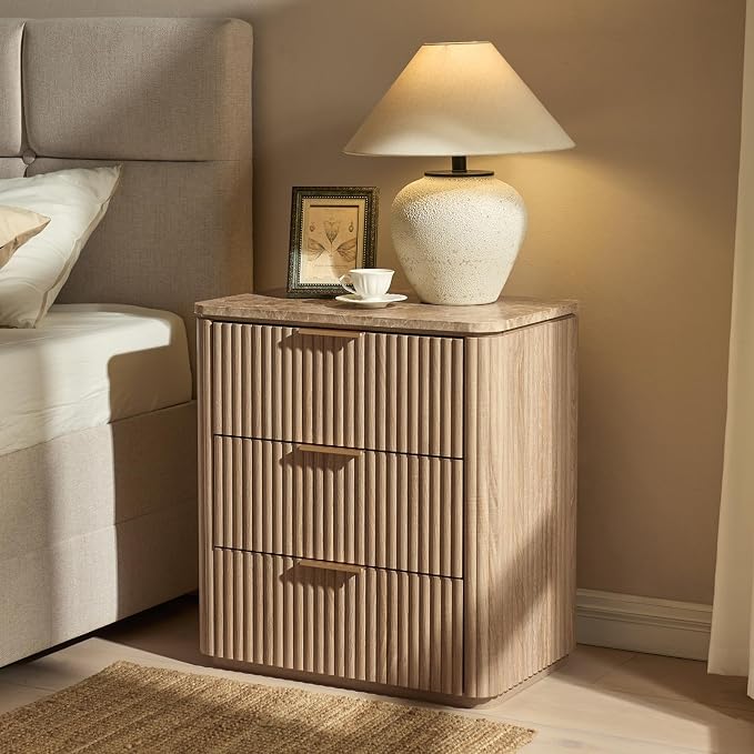 Fluted Night Stand, 23"W Nightstand with 3 Drawers, Wood Bed Side Table with Faux Marble-Top, Curved Profile Design, Metal Handle, Modern Bedside Table for Bedroom, Living Room End Table, Natural Oak - Image 2