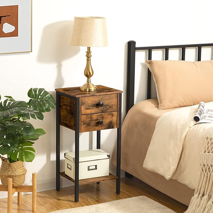 HOOBRO Tall Nightstand, End Table with 2 Drawers and Storage Shelf, Industrial Telephone Side Table for Study, Bedroom, Space Saving, Easy Assembly, Rustic Brown and Black BF72BZ01 - Image 4