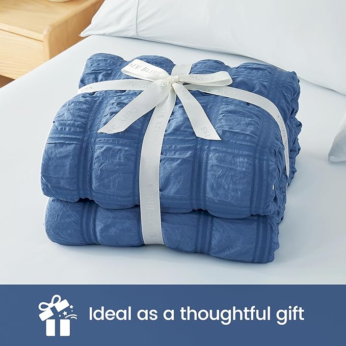 Cozy Bliss Cooling Comforter Seersucker Plaid Twin Size, Q-Max 0.45 Lightweight Cooling Blanket, Breathable Silk Smooth Summer Bedding Quilt for Hot Sleepers Night Sweats Denim Blue