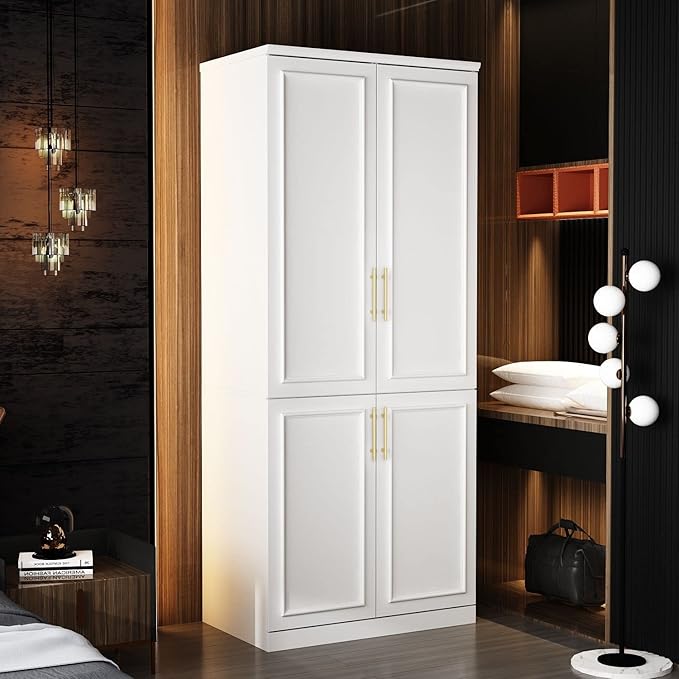 FAMAPY 4 Door Wardrobe with Shelves, Armoire Wardrobe with Hanging Rod, Gold Metal Handles, Closet for Bedroom White (31.7”W x 19.3”D x 74.9”H)