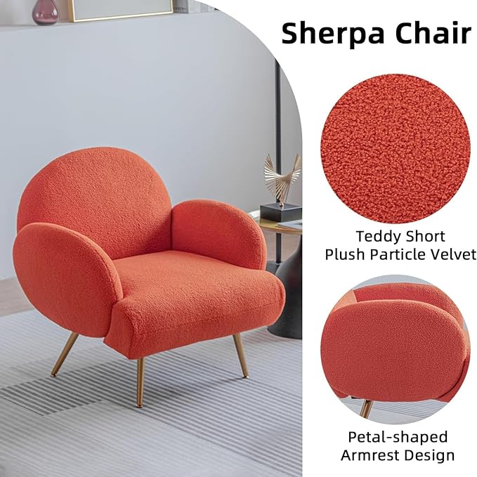 Orange Accent Sherpa Chair, Comfy Boucle Chair for Reading Bedroom Living Room with Golden Metal Legs Teddy Tufted Backrest Sofa Armchair Side Chair