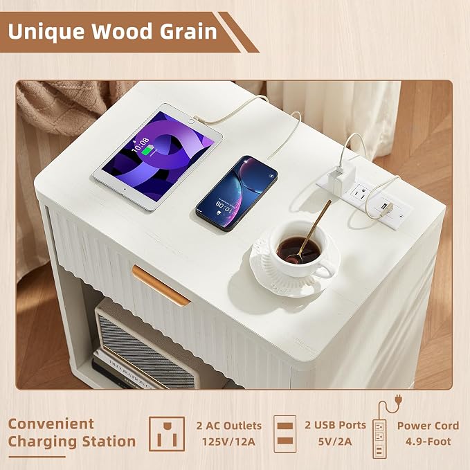 LEYAOYAO Fluted Nightstand with Charging Station, 23" Wide 1 Drawers End Table,White Night Stand with Open Storage Cabinet, Farmhouse Bed Side Tables, Wood Dresser for Bedroom, Living Room, Closet - Image 6