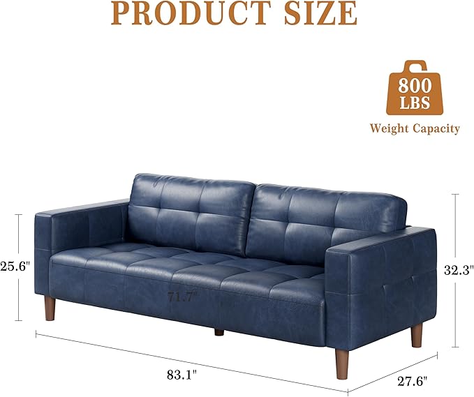 GarveeHome 3-Seater Sofa Couch, 83 in Wide Faux Leather Sofa Couch with Spring Cushion, Modern Sofa with Deep Seats and 2 Removable Back Cushions, for Living Room, Bedroom, Apartment, Office, Blue