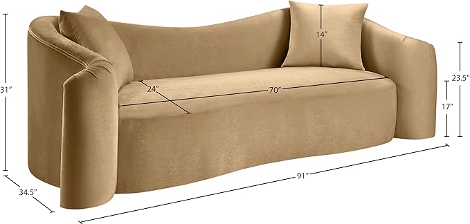 Meridian Furniture 44052Camel-S Destin Collection Modern | Contemporary Sofa with Ultra Luxe Camel 460 GSM Velvet, Rich Curves, 91" W x 34.5" D x 31" H, Camel