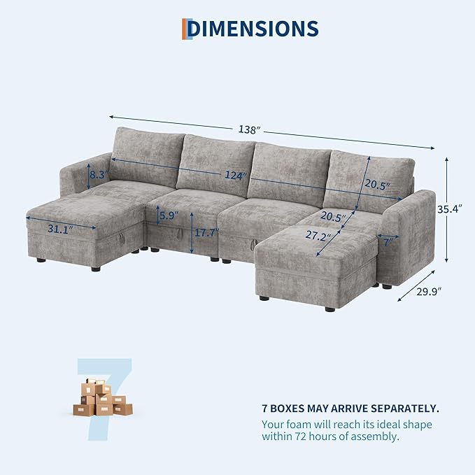 Sectional Couches for Living Room, Cloud Couch Sectional with Large Storage, l-Shape Modular Sectional Sofa with Ottoman (Gray 6-Seater)