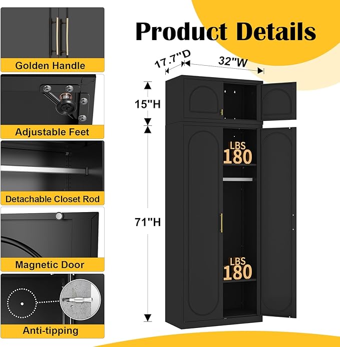 SteeLoong 86" Metal Armoire Wardrobe Closet with Doors,Tall Clothing Storage Cabinet with Adjustable Shelves and Hanging Rod,Black Wardrobe Closet for Bedroom,Home,Office,Gym