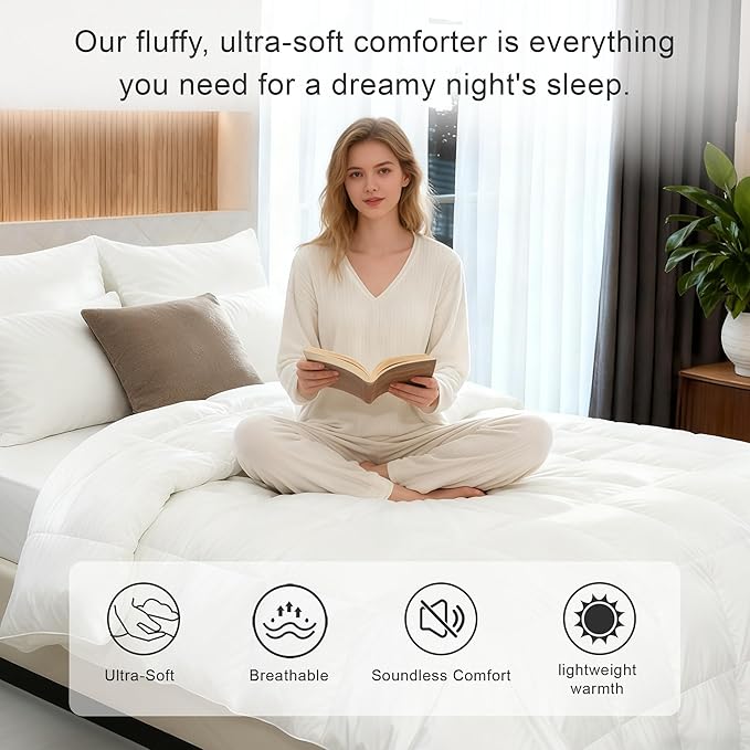Goose Feather Down Comforter Twin Size, White 100% Cotton Duvet Insert, All Season Hotel Bedding Fluffy Cotton Comforter with Corner Tabs (White, Twin)