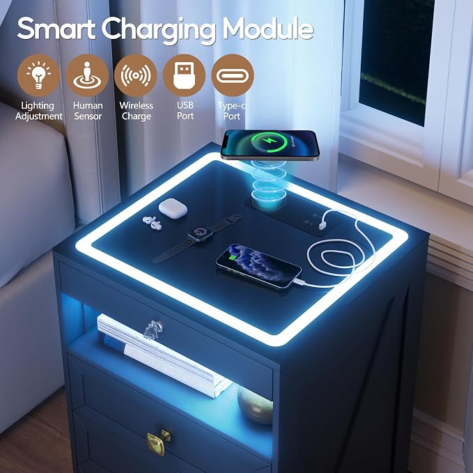 Smart Nightstand with Lockable Gun Drawer,Farmhouse Bedside Table with Charging Station and 3 LED Lights, Modern Night Stand with 3 Drawers,Glass Top End Side Table for Bedroom（Black） - Image 6