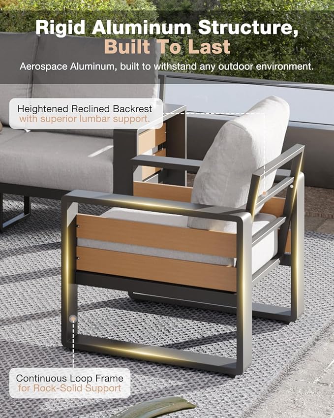 Aoxun Aluminum Patio Furniture Set, 4 Piece Luxury Outdoor Sectional with 6" Olefin Fabric Cushions, Patio Conversation Sets with Coffee Table and Waterproof Cover for Backyard, Porch Light Grey