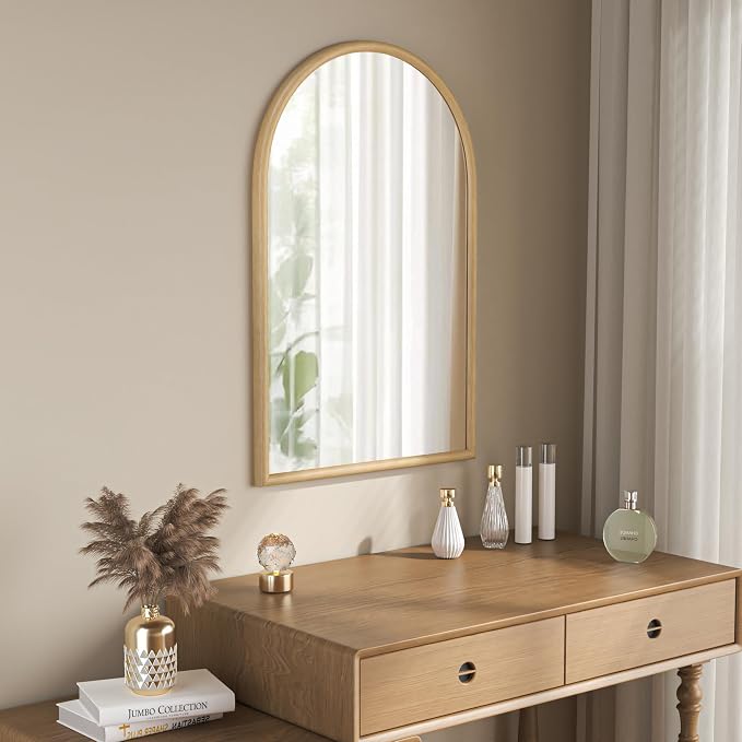 24"x36" Arch Wall Mirror for Wall, Wall Mounted Vanity Mirror for Bedroom, Wood Grain Finish Frame Mirror with Tempered Glass, Vintage Decorative for Bathroom, Entryway, Living Room, Natural - Image 6