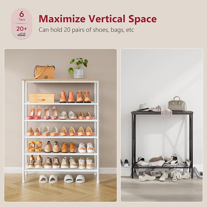 Tajsoon 6 Tier Shoe Rack Organizer for 20-24 Pairs of Shoes, Metal Mesh Shoe Shelf for Closet, Industrial Shoe Rack for Entryway Shoe Storage with X Shape Fixed Frame, White & Log - Image 4