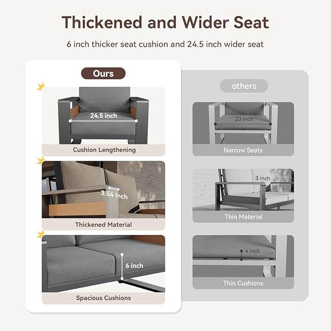 Aoxun Aluminum Patio Furniture Set, 4 Seats Sectional Metal Patio Furniture with Coffee Table, Thick Cushions and Waterproof Cover, Modern Outside Sectional Set for Backyard/Garden/Poolside, Dark Grey