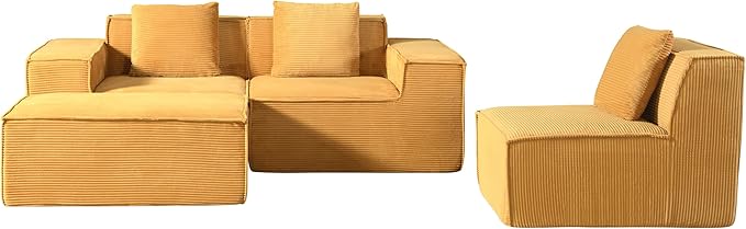 Compressed Sofa L Sectional, 112" Modular Cloud Couch with Ottoman, 23.2" Deep Seat Corduroy High-Back L-Shaped Sectional for Living Room/Bedroom, No Assembly, Ginger Yellow