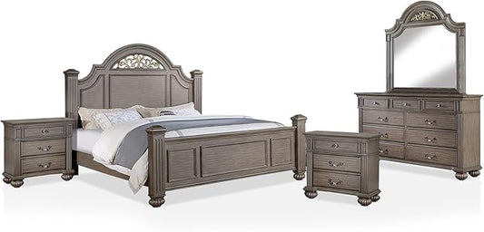 Furniture of America Malierd Traditional Wood 5-Piece Set, Panel King-Size Bed, 3-Drawer Nightstands, Dresser and Mirror for Bedroom, Gray