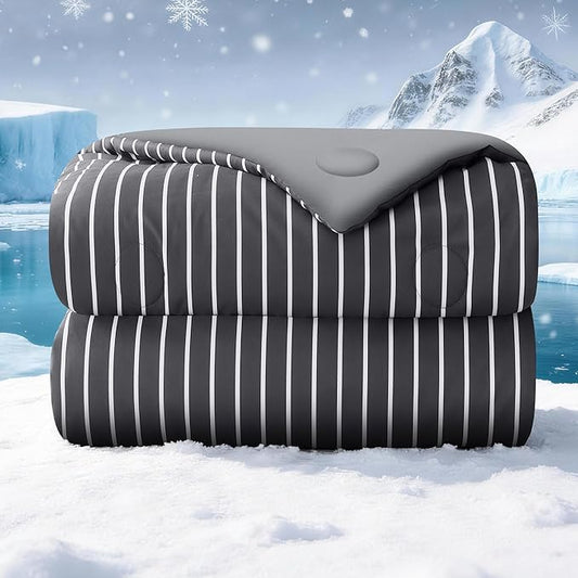 Pinstripe Cooling Comforter King Size, Q-Max 0.45 Reversible Striped Cooling Blanket for Hot Sleepers, Breathable Lightweight Silk Smooth Summer Bedding, Quilted Ice Blanket, Dark Gray