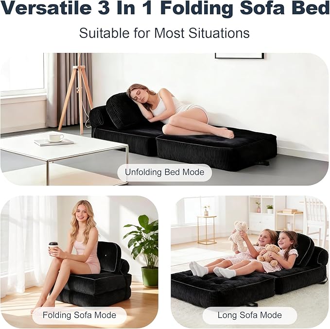 Folding Sofa Bed, Flannel Futon Couch Bed with Pillow and Blanket, Convertible Sleeper Chair for Living Room Bedroom (Two Black)