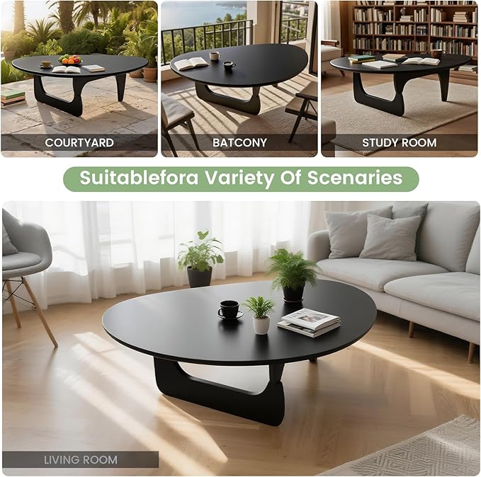 Solid Wooden Modern Triangle Coffee Table: Unique Funky Coffee Tables for Living Room, Oval Mid-Century Irregular Abstract Tea Tables for Patio Office Balcony Bedroom (Black, 35" L x 24" W x 16" H)