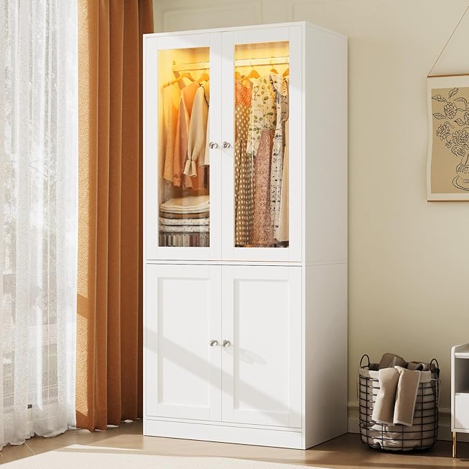 VOWNER 75" Tall Armoire Wardrobe Closet with Drawers & Lights, Clothing Storage Cabinet with 2 Glass Doors & Hanging Rod, Wooden Armoire Storage Cabinet for Bedroom (White, 75''H)