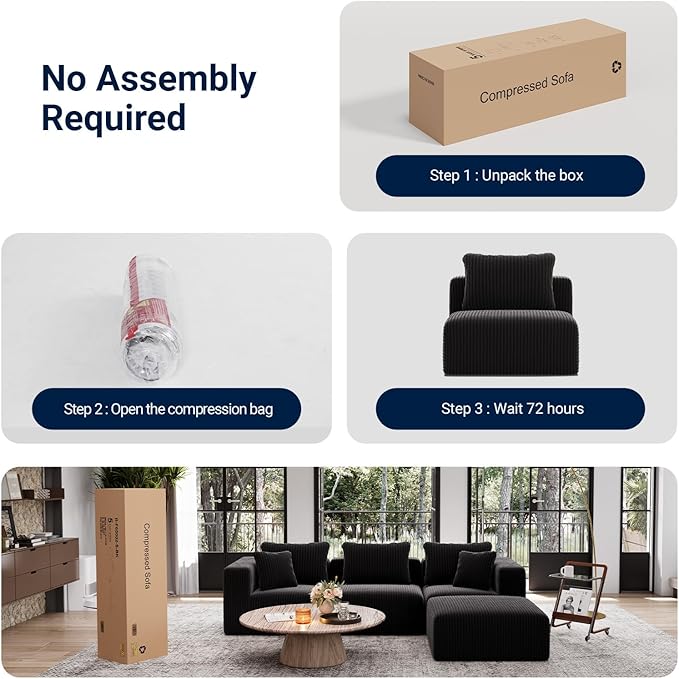 Avenco 106” L-Shaped Modular Sectional Sofa with Ottoman, Individually Wrapped Coil Support & Corduroy Fabric, Zero Assembly 4-Piece Set for Living Room, Black