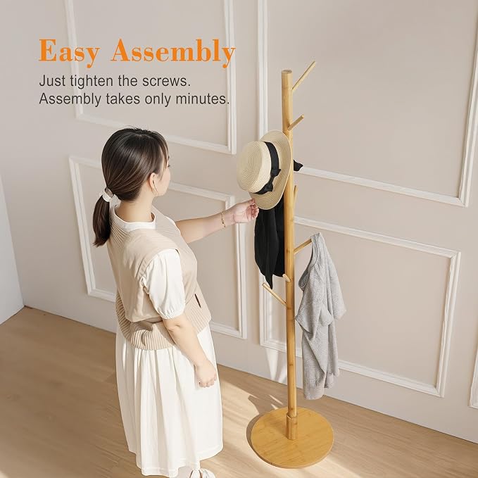 VECELO Coat Rack Freestanding, Entryway Hanger Stand, Umbrella Holder, Hall Tree With Hooks, Floor Standing Metal Tree Stand,Light Wood - Image 7