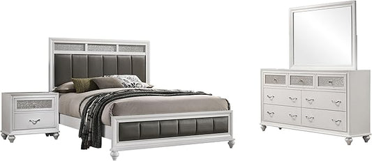 Coaster Home Furnishings Barzini Modern Classic 4-Piece Bedroom Set Leatherette Upholstered Eastern King Size Panel Bed Frame 56-inch Headboard White 205891KE-S4