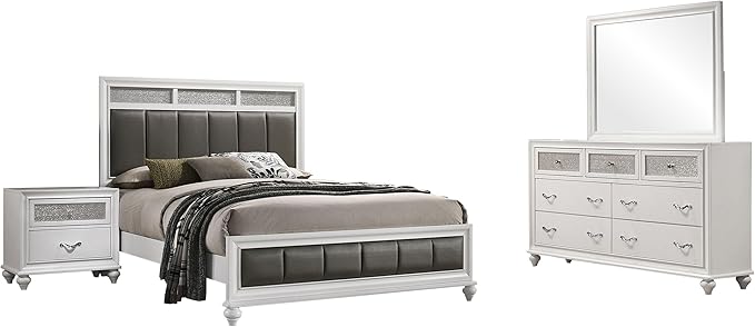 Coaster Home Furnishings Barzini Modern Classic 4-Piece Bedroom Set Leatherette Upholstered Queen Size Panel Bed Frame 56-inch Headboard White 205891Q-S4