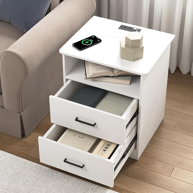 White Nightstand with Charging Station,Modern Night Stand with 2 Drawers and Open Shelf,Bedside Table with Storage for Bedroom, End Side Table for Living Room - Image 7
