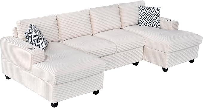 124-Inch Symmetrical Sectional Couch Corduroy Cloud Cushion Upholstered Sofas, U- Shaped Modular Sectional Sofa with Cup Holders and 2 Chaise Lounges for Living Room