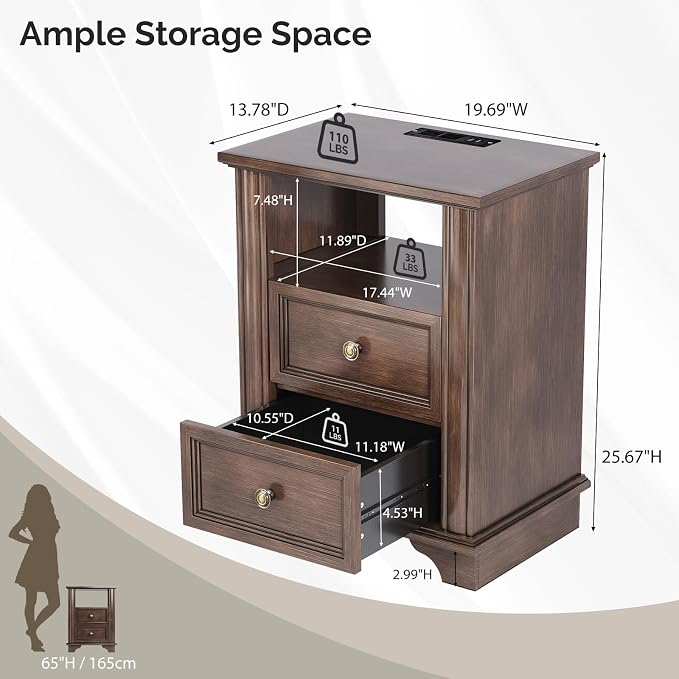 VINGLI 19.7" Nightstand with Charging Station, Wood Nightstand with Drawers, Night Stand for Bedroom, Bed Side Table, End Table, Brown, 19.69" W*13.78" D*25.67" H - Image 2