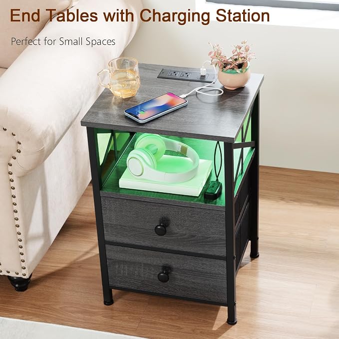 AMHANCIBLE Night Stand Set of 2 with Charging Station and LED Lights, Large 2-Drawer Bedside Tables with USB Ports and AC Outlets, Modern Nightstand for Bedroom, Dark Grey HET052LDG - Image 9