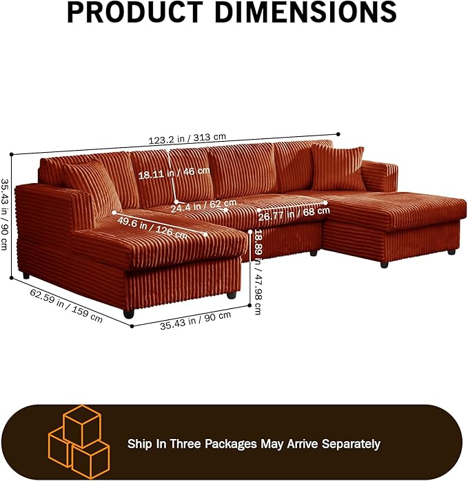 123" U-Shaped Modular sectional Sofa, Two L-Shape Chaise with 2 Cloud Couch sectional with Two Pillows, couches for Living Room (Darkbrown)