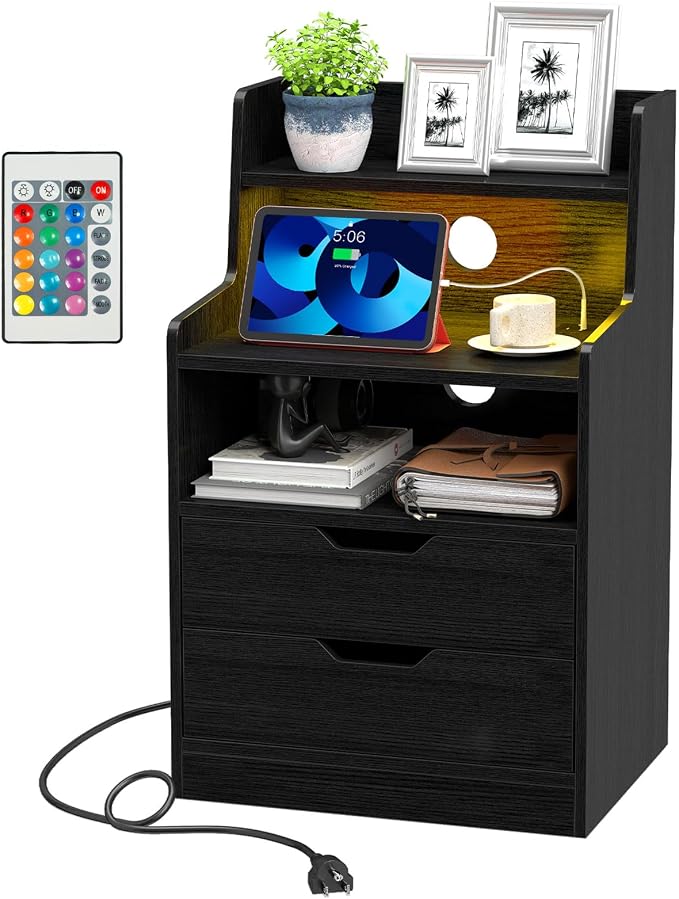 KOMFOTT Nightstand with Charging Station & LED Lights, Smart Night Stand with Hutch & Remote, Modern Side End Table with 2 Storage Drawers for Bedroom Dorm (Black,1) - Image 9