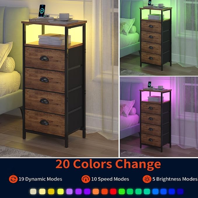 sthmec Nightstand with Charging Station,LED Nightstand with 4 Fabric Drawers, Bedside End Tables, 2-Tier Open Storage Shelf Side Table Nightstand with Drawers for Bedroom,Rustic Brown - Image 7