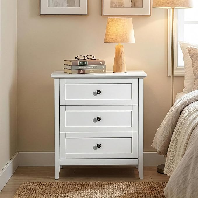 Karl home Farmhouse Nightstand with Charging Station, Wide End Table with 3 Large Drawers & Mental Handles, Wood Small Side Table of Drawers for Bedroom, Closet, White - Image 11