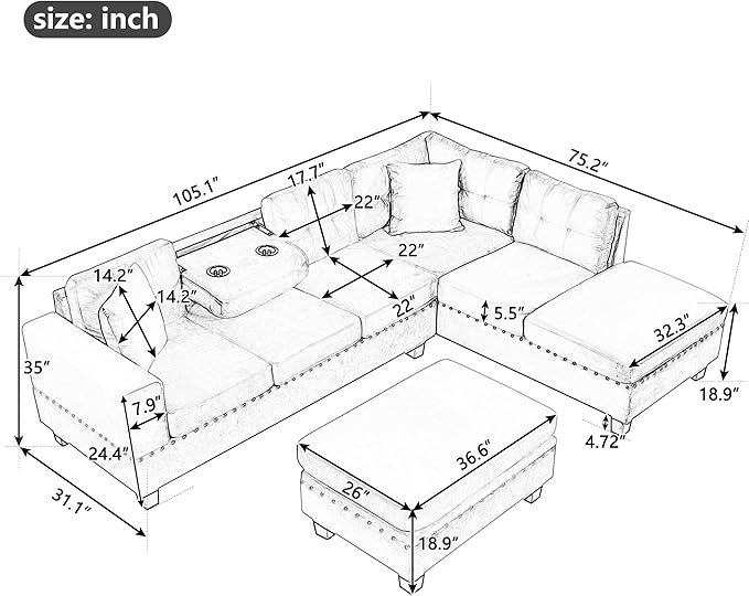 Ball & Cast L-Shape Sectional Couch with Storage Ottoman,105" Couches for Living Room W/ 2 Pillows & Cup Holders,6 Seat Velvet Sleeper Sofa W/Reversible Chaise,Comfy Couches for Apartment,Black