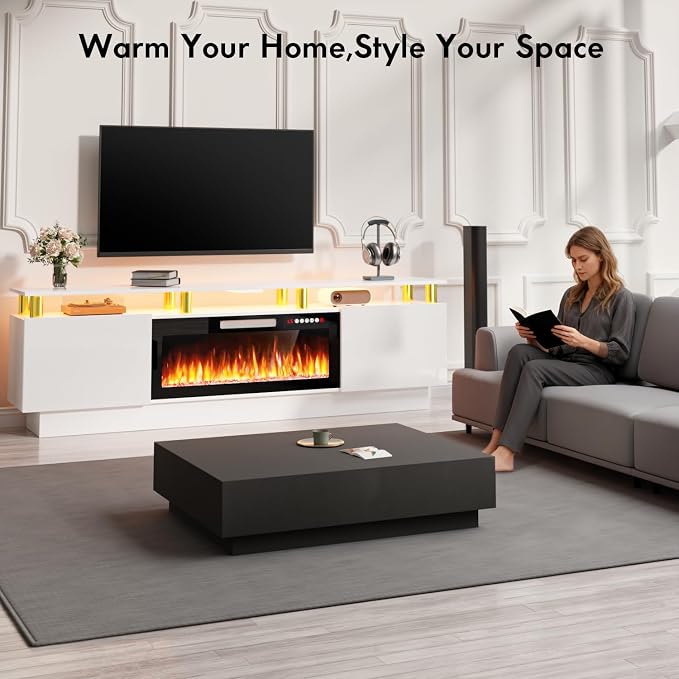 TAVATA 80" Fireplace TV Stand Up to 90" TVs, High Gloss Modern Entertainment Center with Storage & LED Lights, Wood Media Console Cabinet with 36" Fireplace & Open Shelf for Living Room, White - Image 7