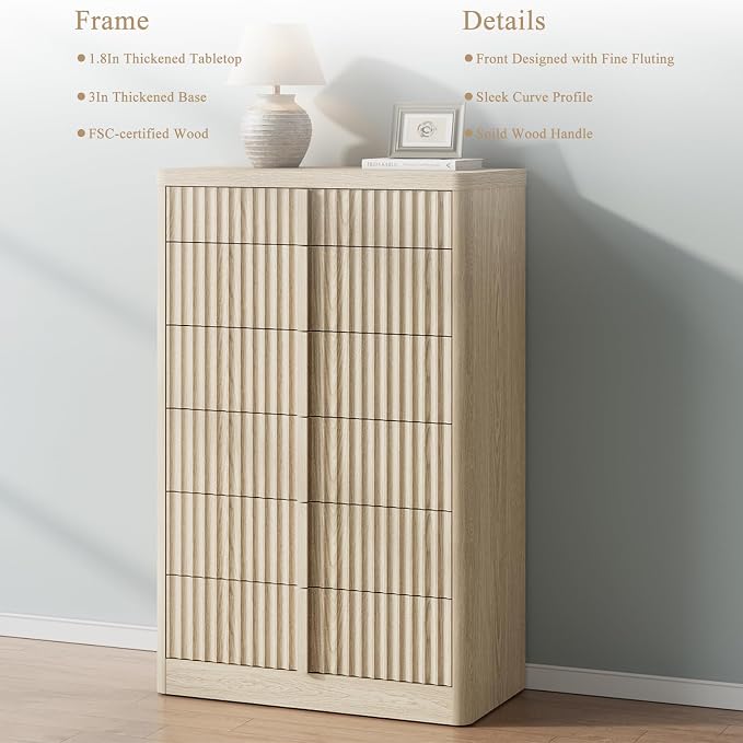 Fluted Dresser for Bedroom, 48" Tall 6 Drawer Dressers, Modern Chest of Drawers with Solid Wood Handle, Curved Profile Design, Wood Dresser Deep Storage Organizer, Living Room, Hallway, Natural Oak - Image 4