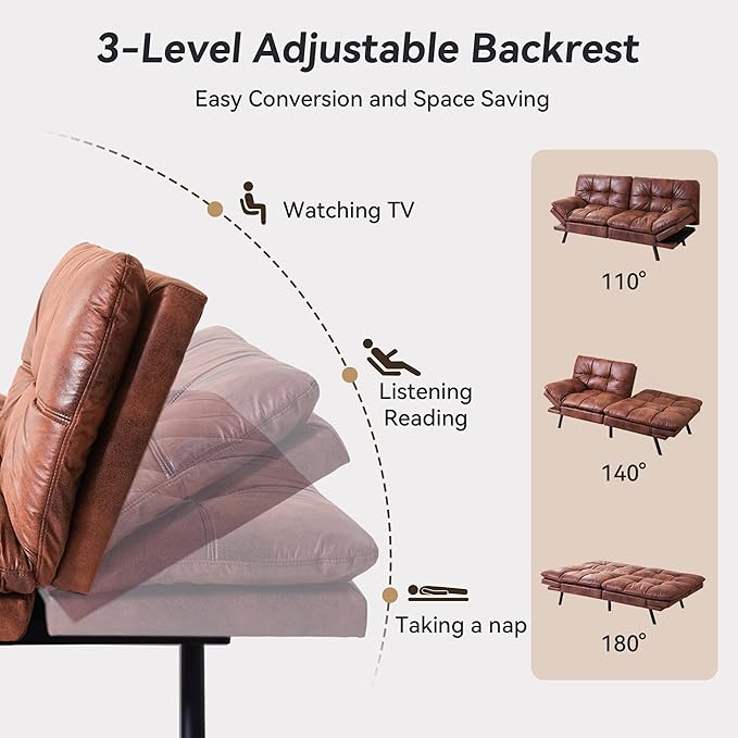 71" Convertible Futon Sofa Bed,Brown Faux Leather Futon Couch,Memory Foam Reclining Sleeper Sofa Bed,Modern Folding Small Loveseat Couches for Living Room,Office,Apartment